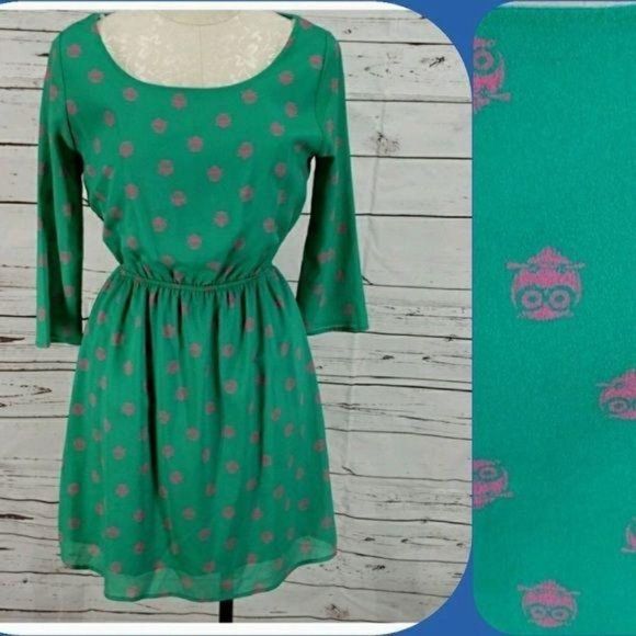 DejuVu Green Juniors Owl Print Dress‎ - Picture 1 of 7